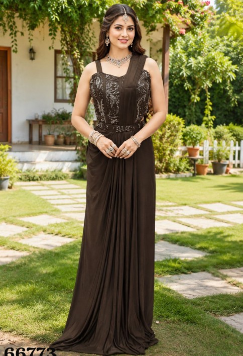 Blissful Brown Lycra Lehenga Style Saree